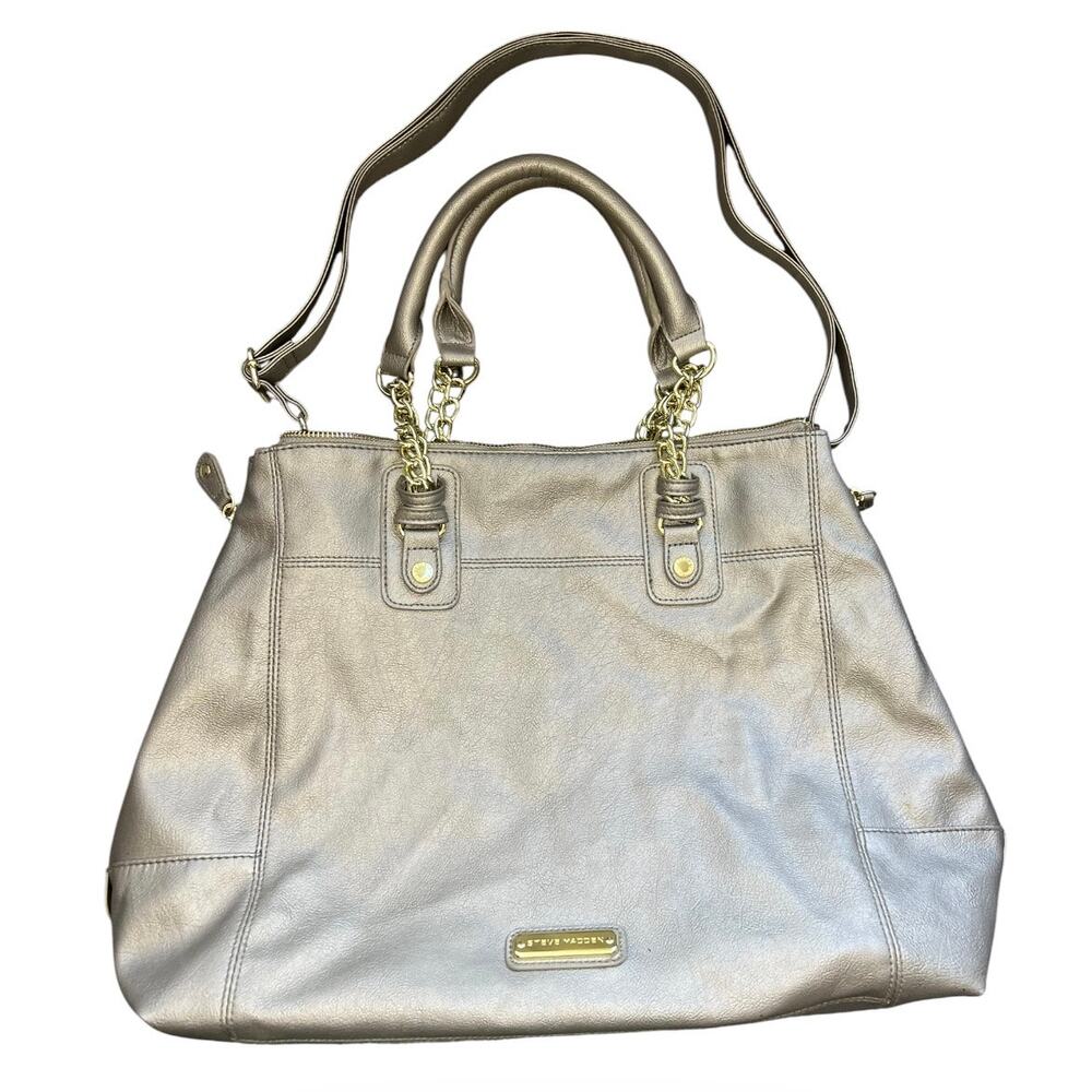 Steve Madden Metallic Taupe Tote with Chain-Accent Handles hand bag neutral